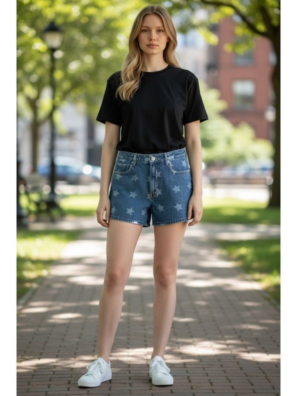 Vigoss Star Print Denim Shorts Size 31 Blue High-Rise Casual Women's Summer Styl